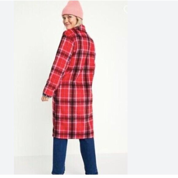 NWT Old Navy Soft Brushed Overcoat Red Tartan Plaid - Picture 4 of 10